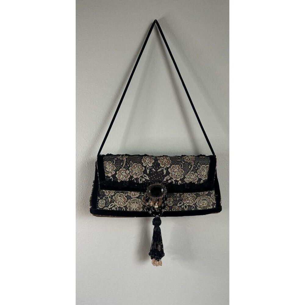 Vintage WENDY GELL Women's Beaded Velvet Trim Artisan Evening Shoulder Bag